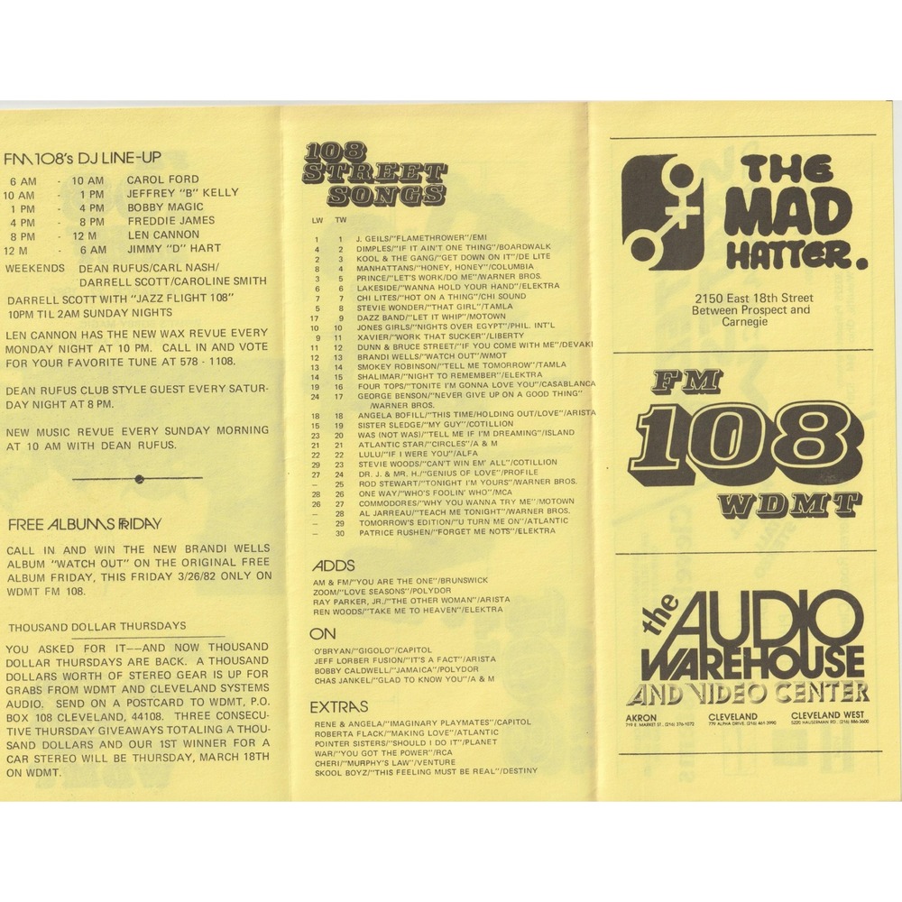 Vintage 1982 FM 108 WDMT Street Sheet Cleveland Radio Music Chart Bobby Magic - Picture 2 of 2